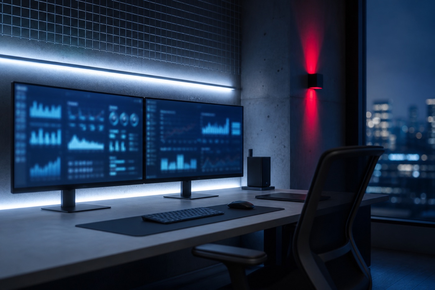 Bigemsoft geliştirme stüdyosunda çift monitörlü çalışma masası ve operasyon panelleri